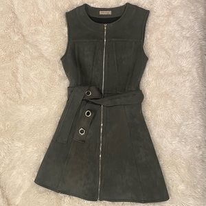 Ethereal Green Suede Belted Sleeveless Zip-Up Dress, Small